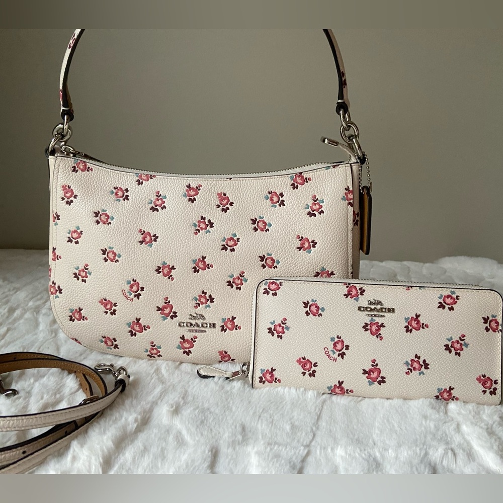 Coach Floral Print Bag and Wallet Set - Cream and Pink